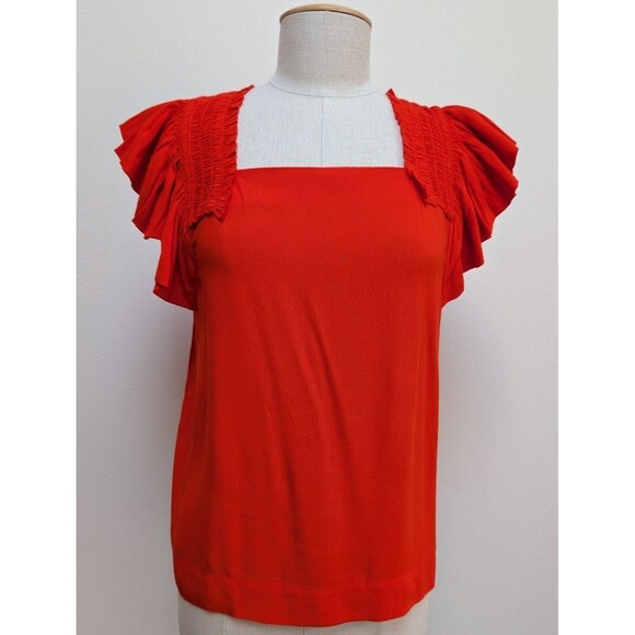 Anthropologie X Maeve Red Square Neck Ruffle Sleeve Blouse Top Size 4 - Picture 1 of 6